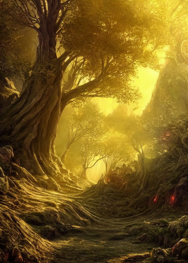 Enchanting forest path with ancient trees and golden light