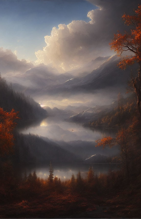 Misty valley with autumn trees, river, and dramatic sky