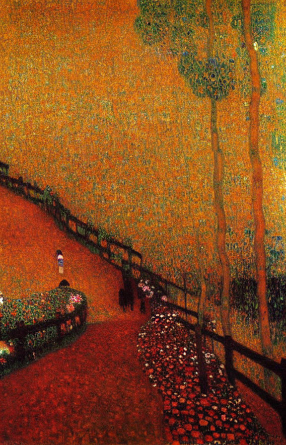 Vibrant garden path painting with orange hues and figures walking under trees