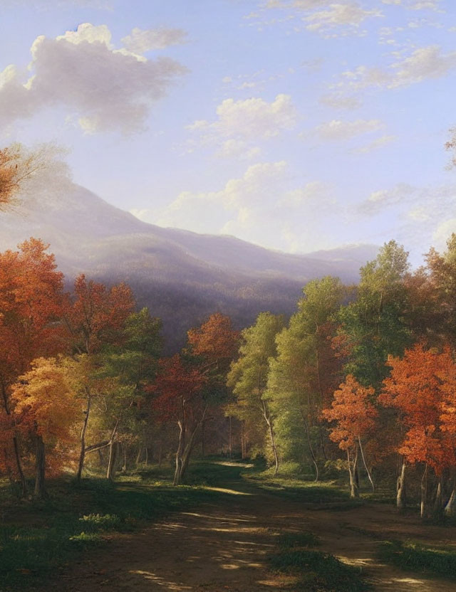 Autumn forest path painting with mountains and cloudy sky