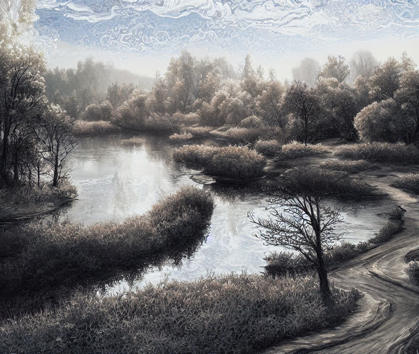 Tranquil winter landscape with winding river and snowy trees.