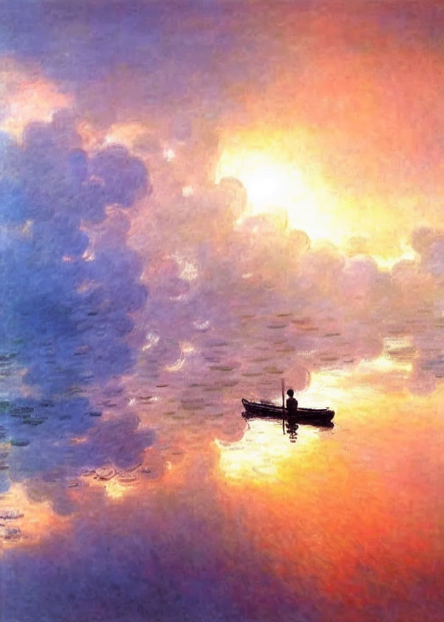Tranquil painting of rowboat on calm water at sunrise or sunset
