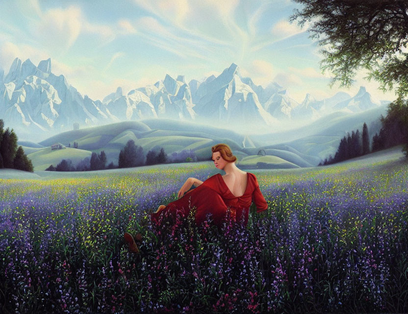Woman in Red Dress Surrounded by Purple Flowers and Snowy Mountains