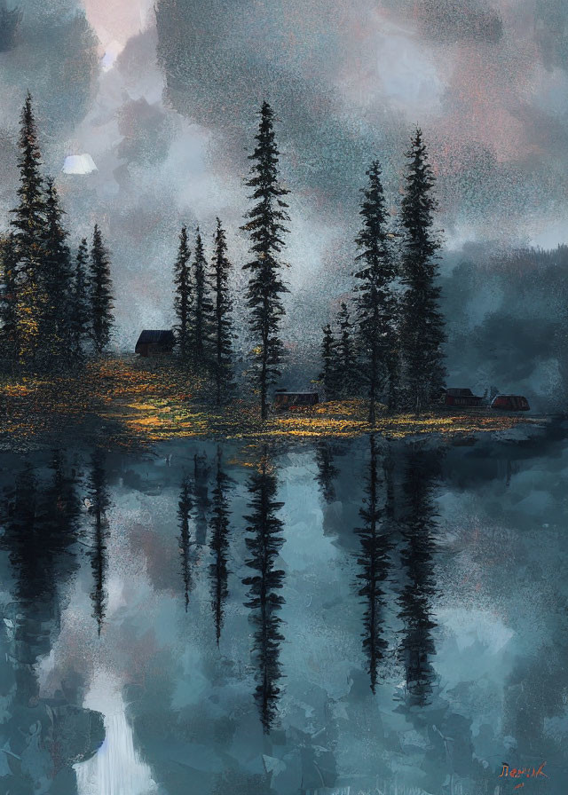 Tranquil misty landscape with cabin, lake, and evergreen trees at dusk or dawn