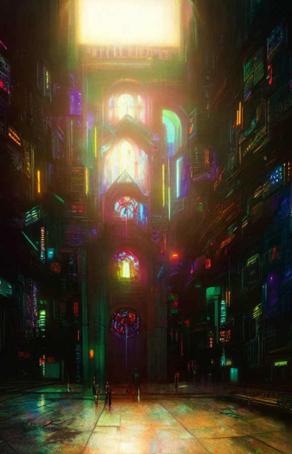 Futuristic neon cityscape with cathedral-like building and towering structures