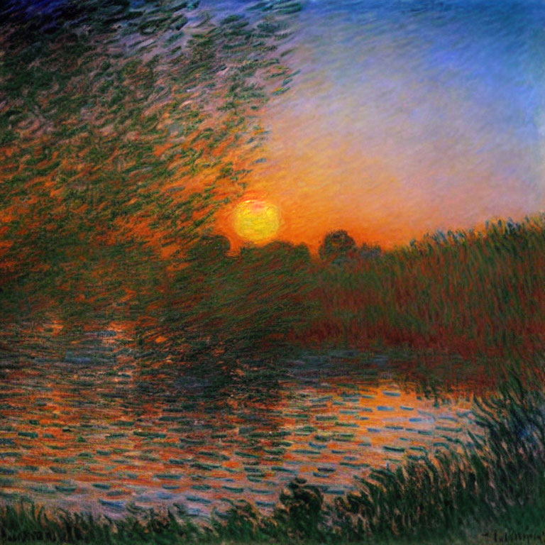 Vibrant Impressionist Sunset Painting with Radiant Sun and Rippling Water