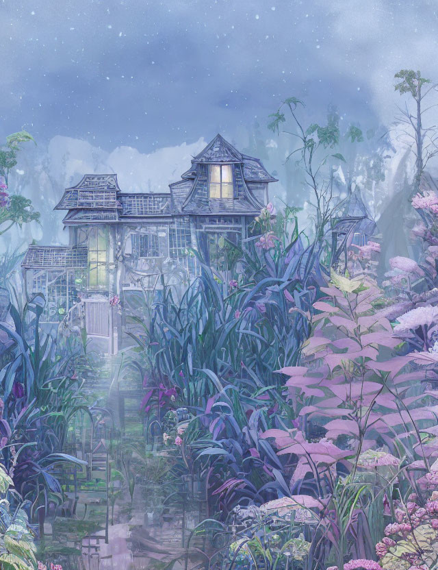 Overgrown garden surrounding traditional house under starry sky