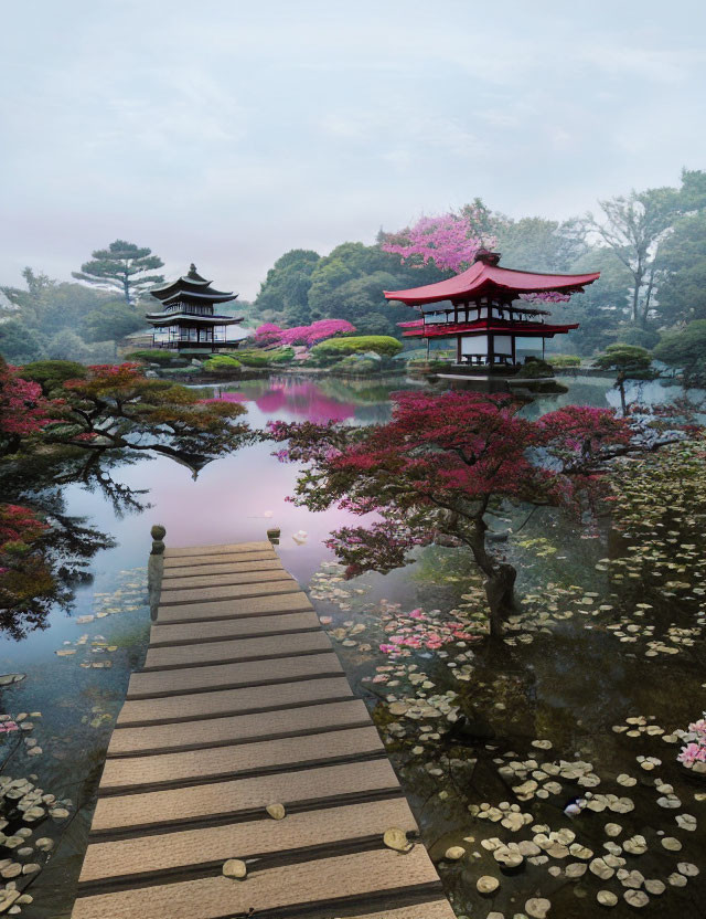 Tranquil Japanese Garden with Wooden Bridge and Red Pagoda
