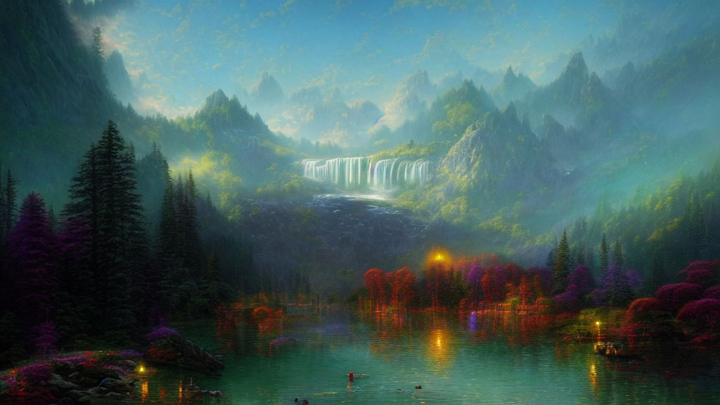 Tranquil Fantasy Landscape with Waterfall, Lake, and Misty Mountains