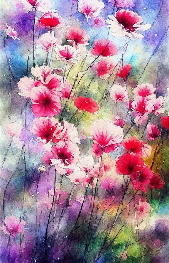 Colorful watercolor painting of pink and red flowers on textured background