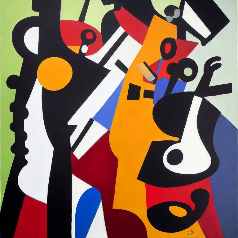 Colorful Abstract Painting with Geometric Shapes and Musical Instrument Motifs