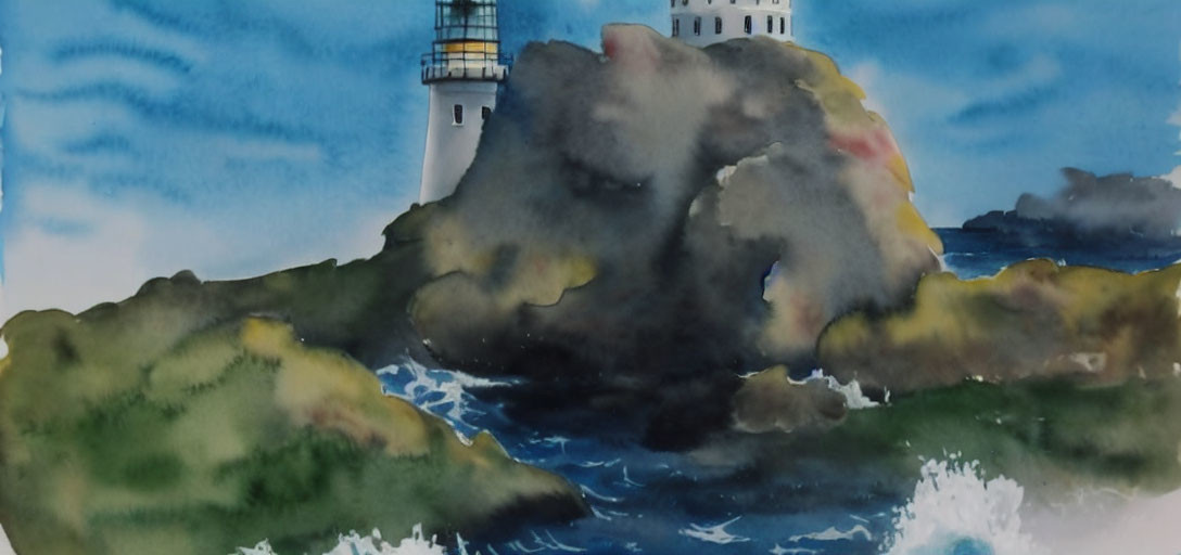 Scenic watercolor painting of lighthouse on rocky islet