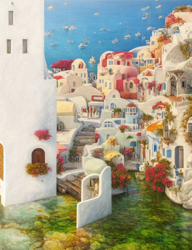 Coastal village with white buildings, blue roofs, flowers, and boats