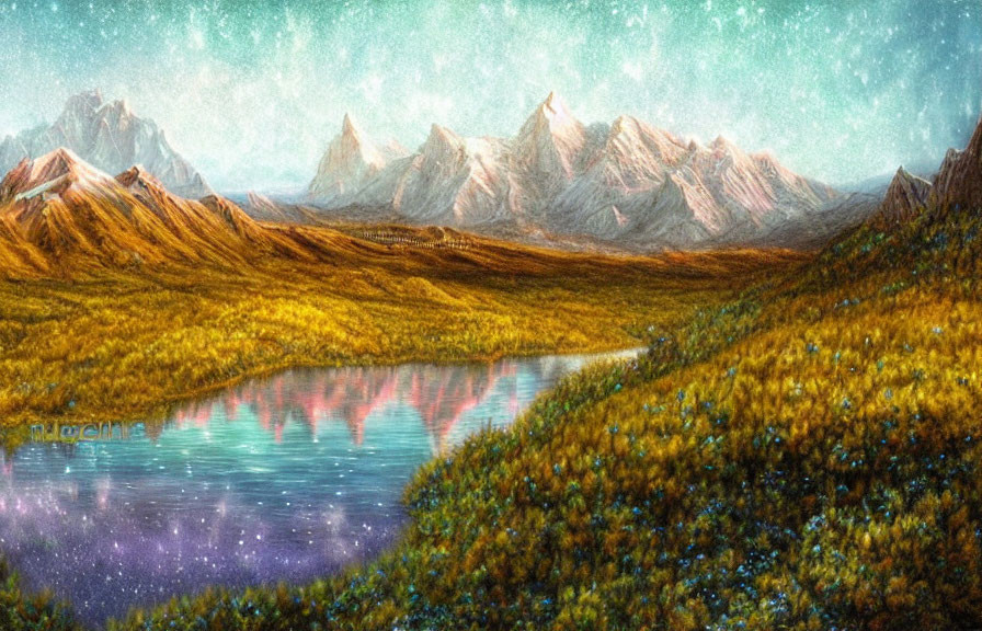 Tranquil Landscape: Reflective Lake, Meadow, Snow-Capped Mountains