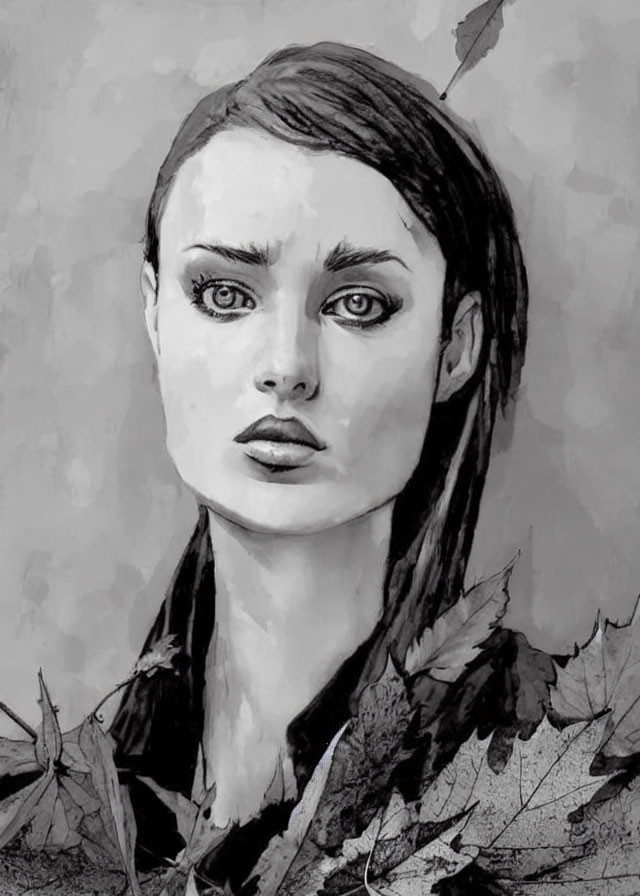 Monochromatic portrait of a woman with prominent eyes and autumn leaves.