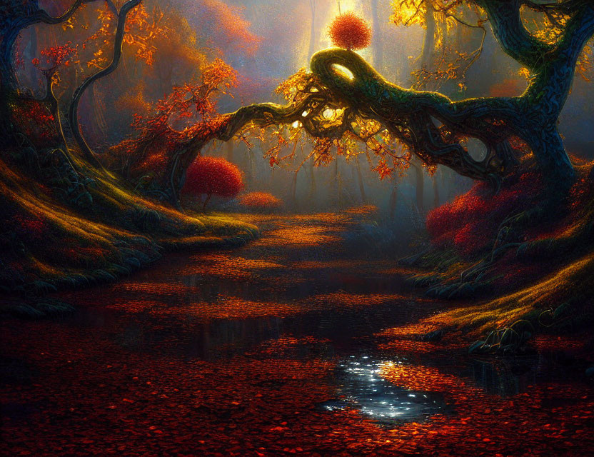 Dark forest with red leaves, serene path, and reflective pond