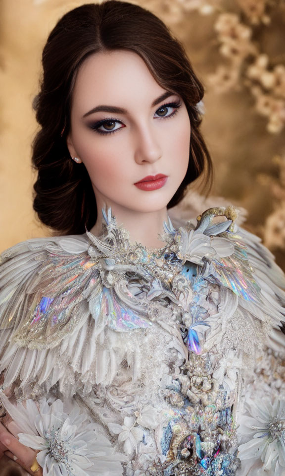 Dark-haired woman in ornate feathered dress on golden background