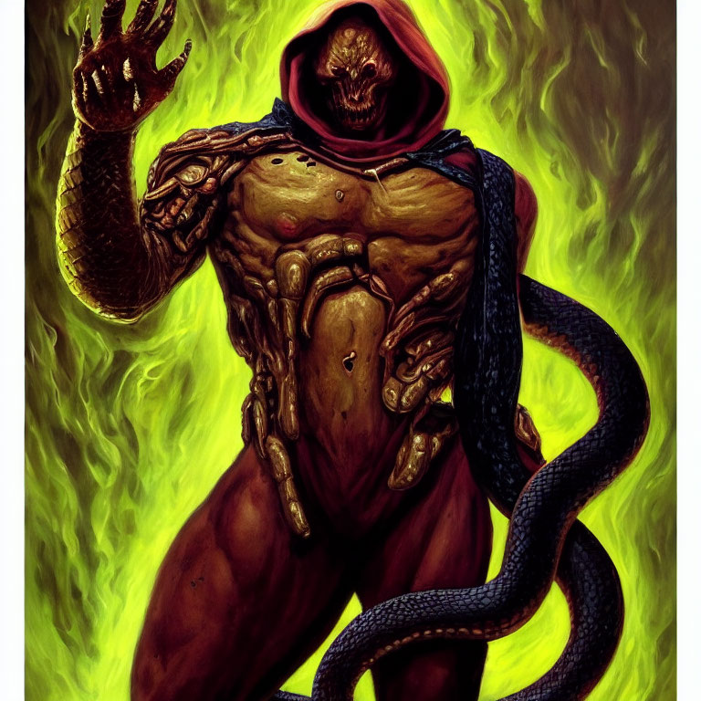 Muscular creature with serpent tail and tentacle-like arm in red hood on green background