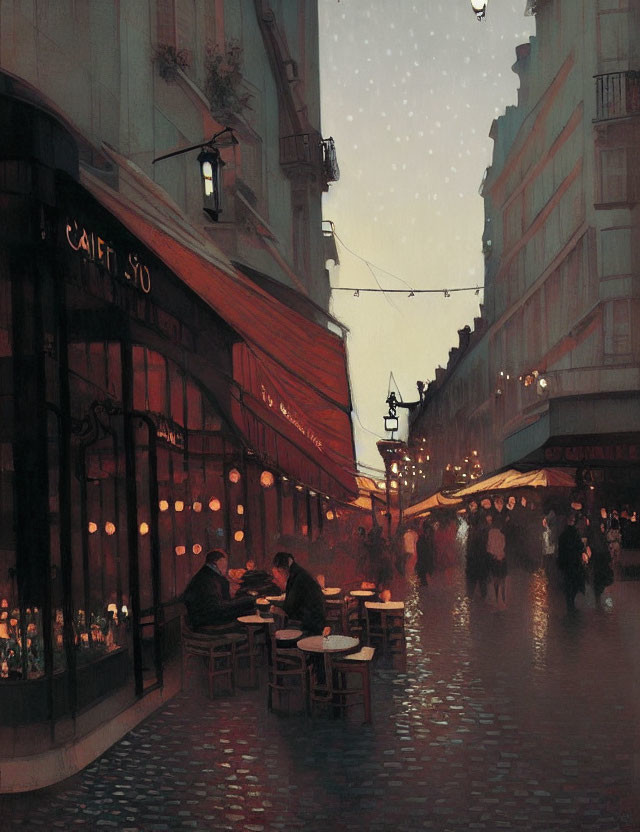 Parisian Cafe Evening Scene with Patrons and Passersby on Wet Cobblestone Street