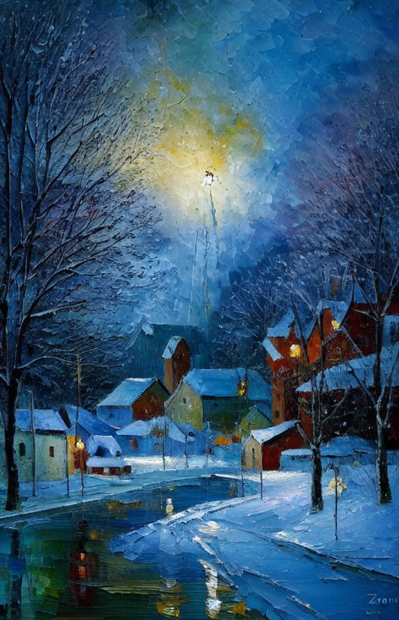 Snowy village at night: Warm lights, river reflection, colorful sky