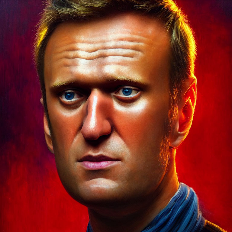 Intense blue-eyed man portrait with short haircut and turtleneck on warm red backdrop