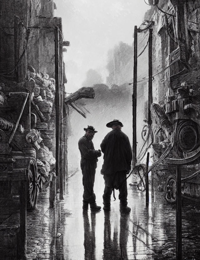 Period-attired individuals conversing in rain-soaked vintage alley