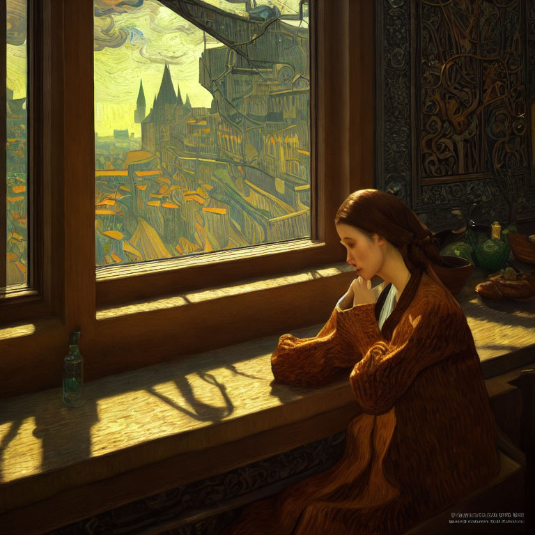 Woman in fur-lined robe gazes out window with stained-glass landscape in background