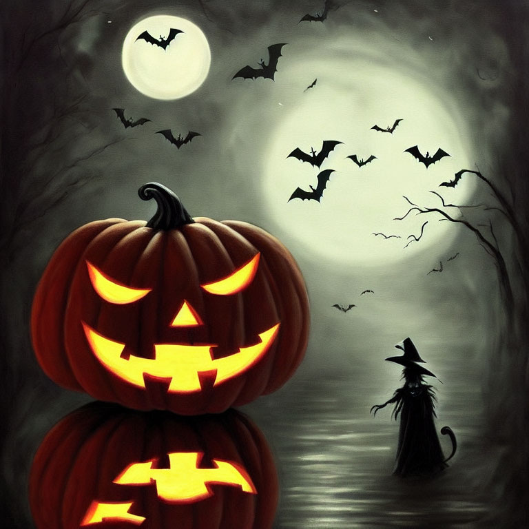 Spooky Halloween scene with jack-o'-lanterns, witch, bats, and full moon