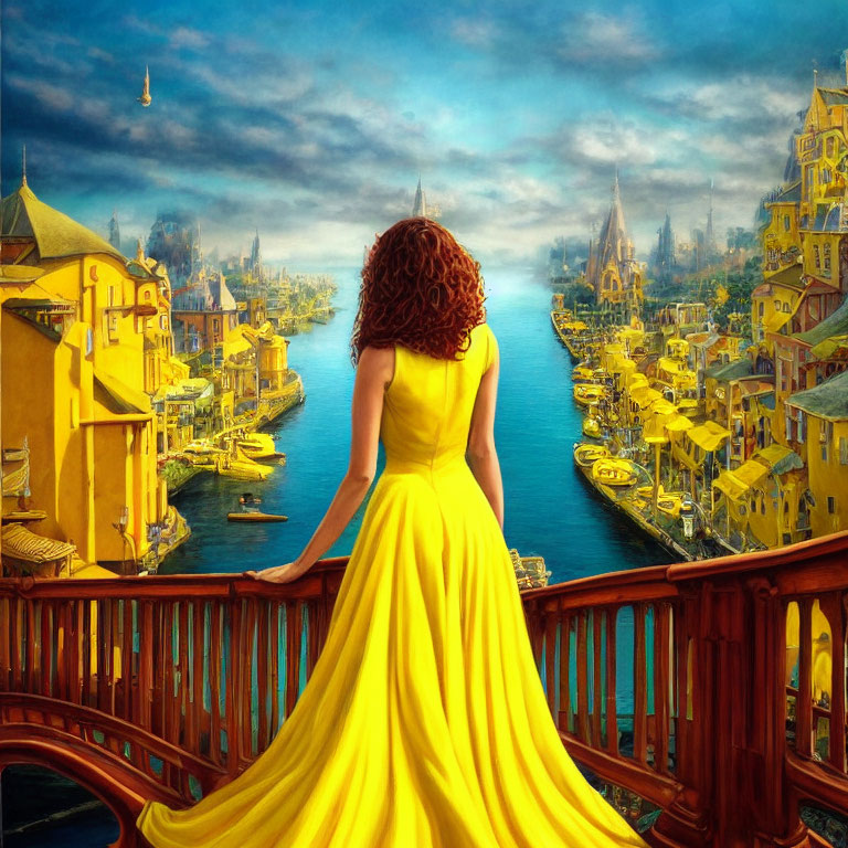 Red-Haired Woman in Yellow Dress on Bridge Overlooking Colorful Cityscape