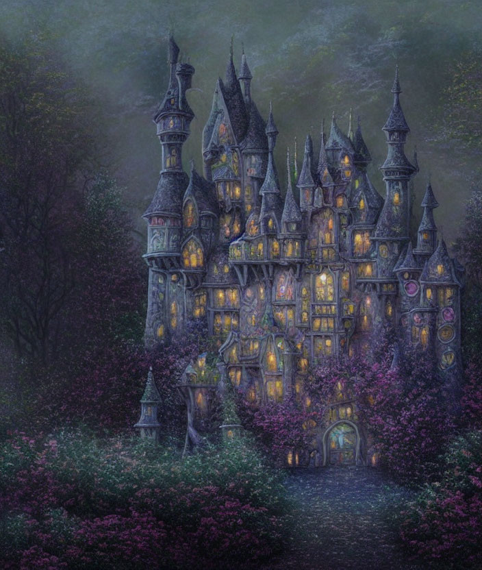 Gothic castle in mystical forest at twilight