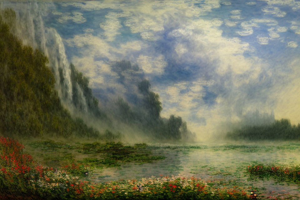 Lush Landscape with Waterfall and Floral Foreground