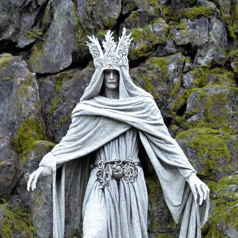 Fantasy-style costume with crown and cloak against rocky backdrop