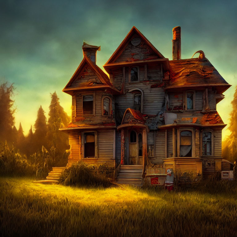 Eerie dilapidated Victorian house in twilight-drenched field