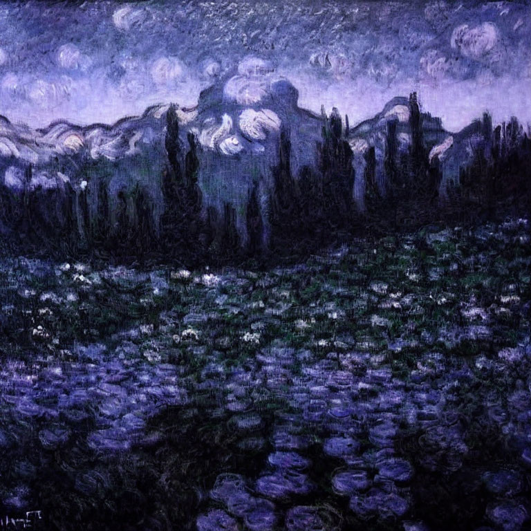 Moonlit Landscape with Mountains, Flowers, and Cypress Trees