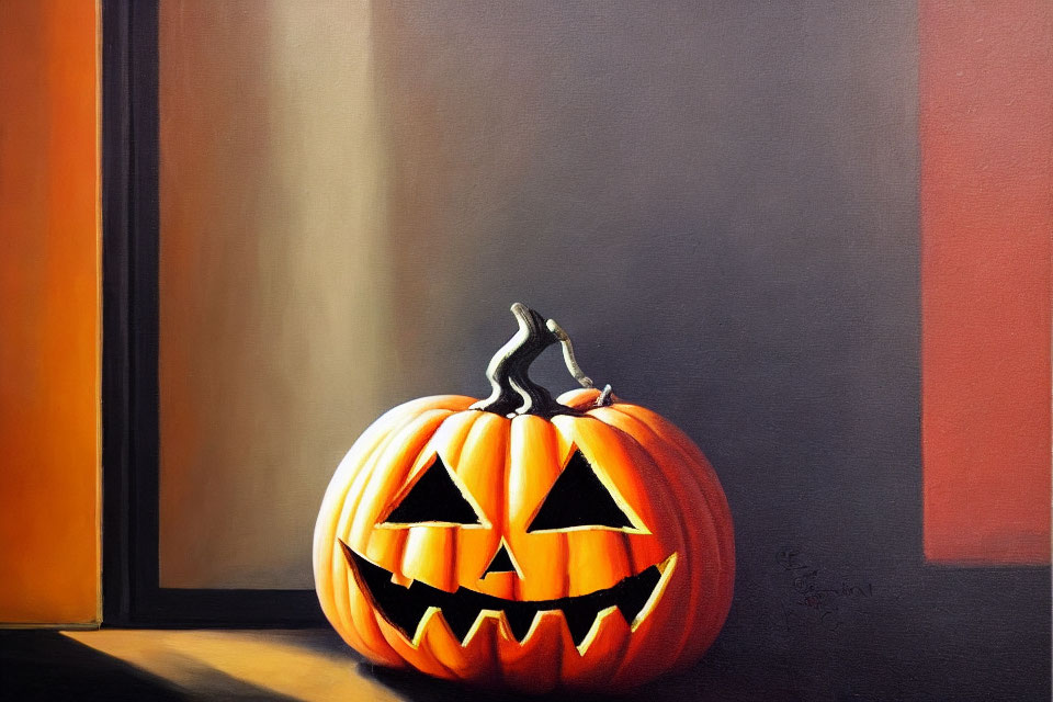 Still life painting of carved pumpkin with candle near door, casting shadows on wall