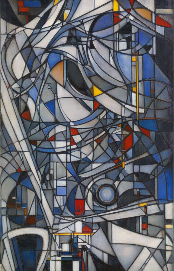 Cubist abstract painting with blue, white, gray, red, and yellow geometric shapes
