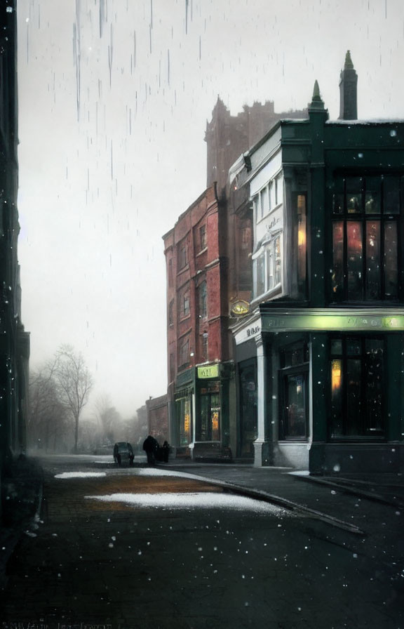 Snowy street scene with old buildings, pub sign, and people under umbrellas