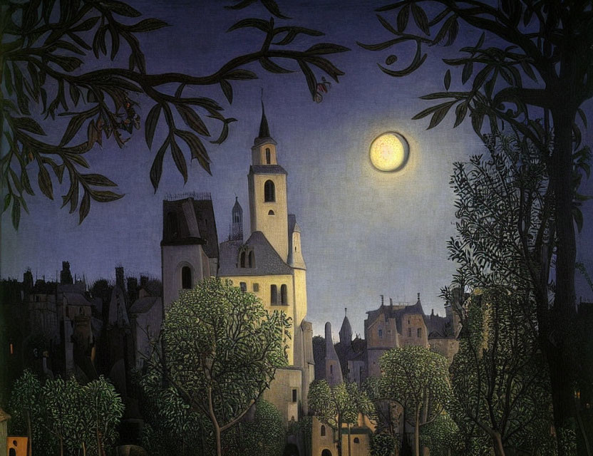 Full Moon Nighttime Scene: Serene Village with Church and Silhouetted Trees