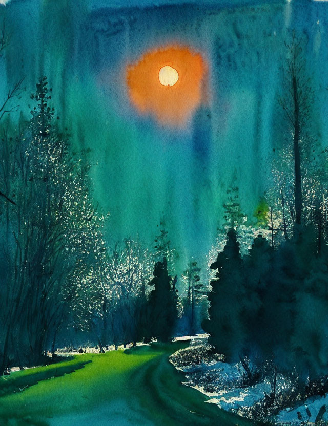 Nighttime Forest Scene: Watercolor Painting of Trees Silhouetted Against Blue Sky and Orange Moon