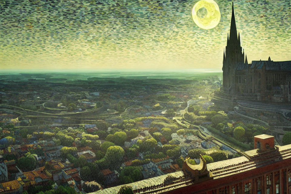 Detailed impressionist painting: cathedral overlooking city under green moonlit sky