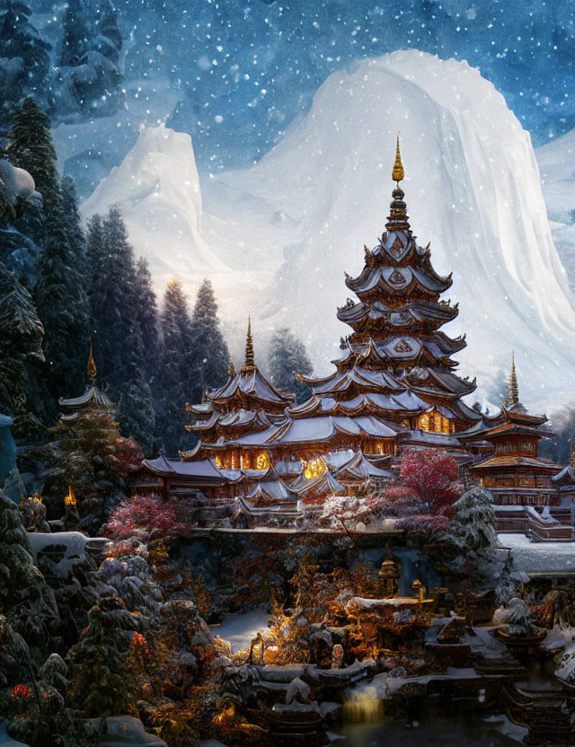 Snowy mountain pagoda scene with starry night sky