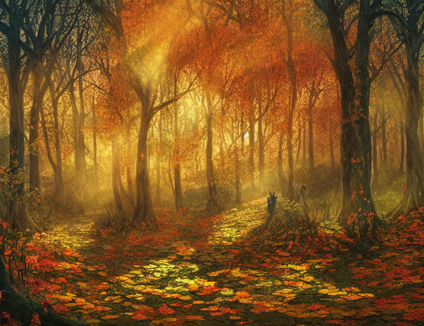 Sunlit Mystical Autumn Forest with Golden Foliage