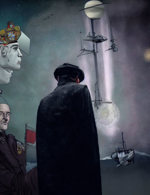 Surreal artwork: Man in coat, floating heads, space ship, futuristic structure.