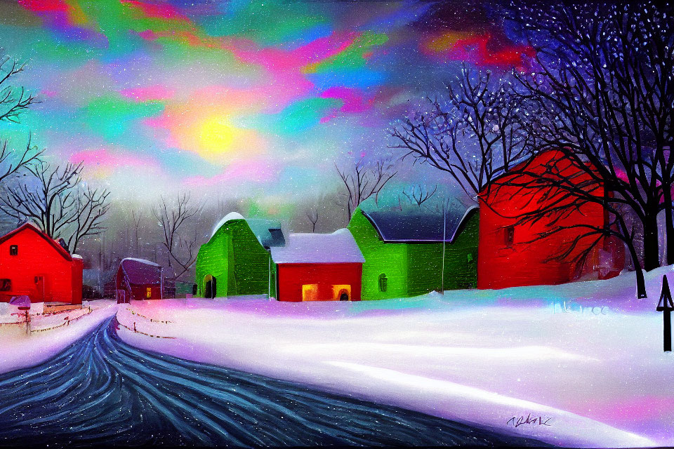 Colorful Aurora Borealis Over Snowy Rural Scene