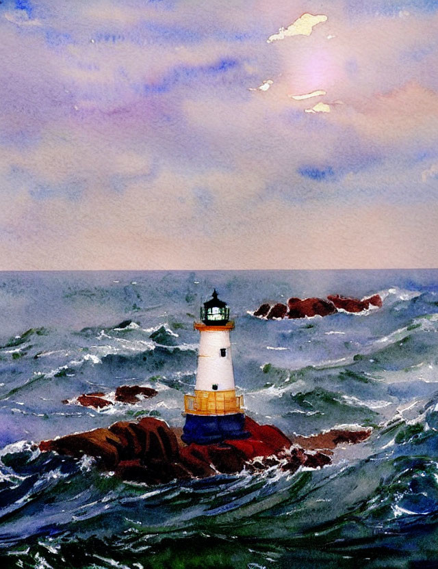 Lighthouse watercolor painting on rocky terrain with turbulent sea waves