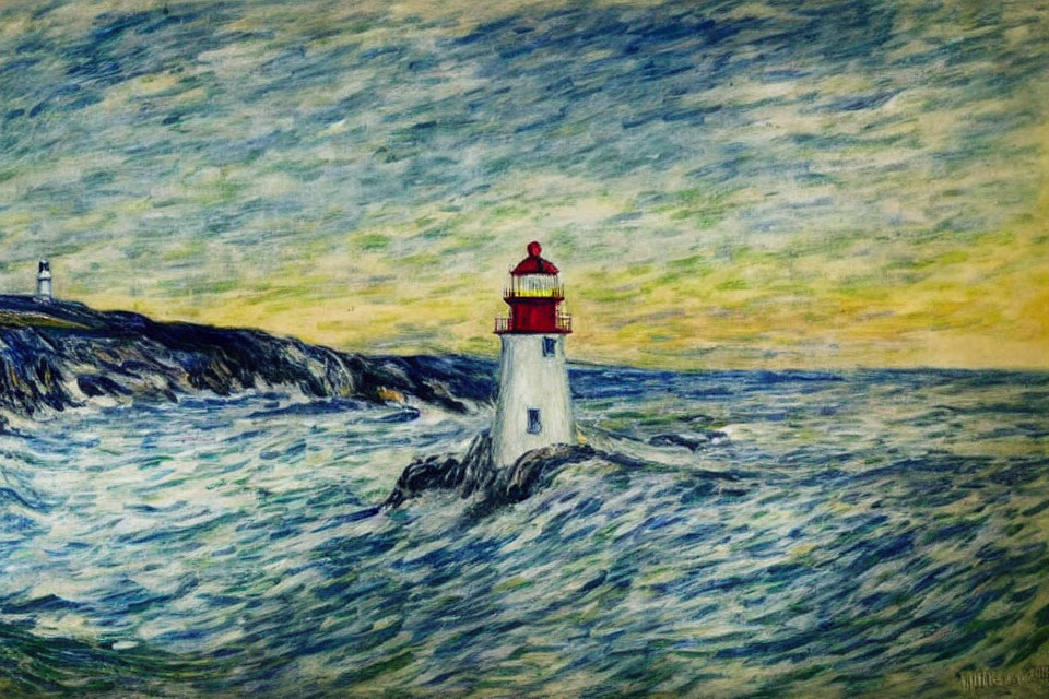 Scenic painting of lighthouse on rocky shore with turbulent sea waves