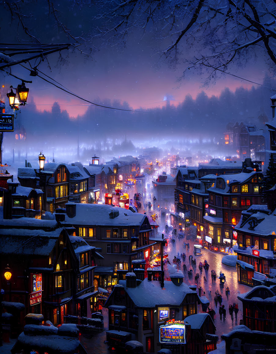 Snow-covered streets and warmly-lit shops on a bustling winter evening