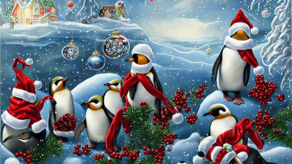 Adorable Penguins in Santa Hats and Scarves in Festive Winter Scene