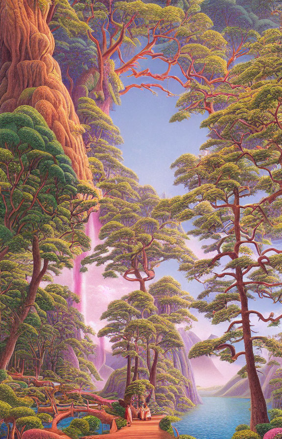 Majestic forest with ancient trees, waterfall, and serene lake