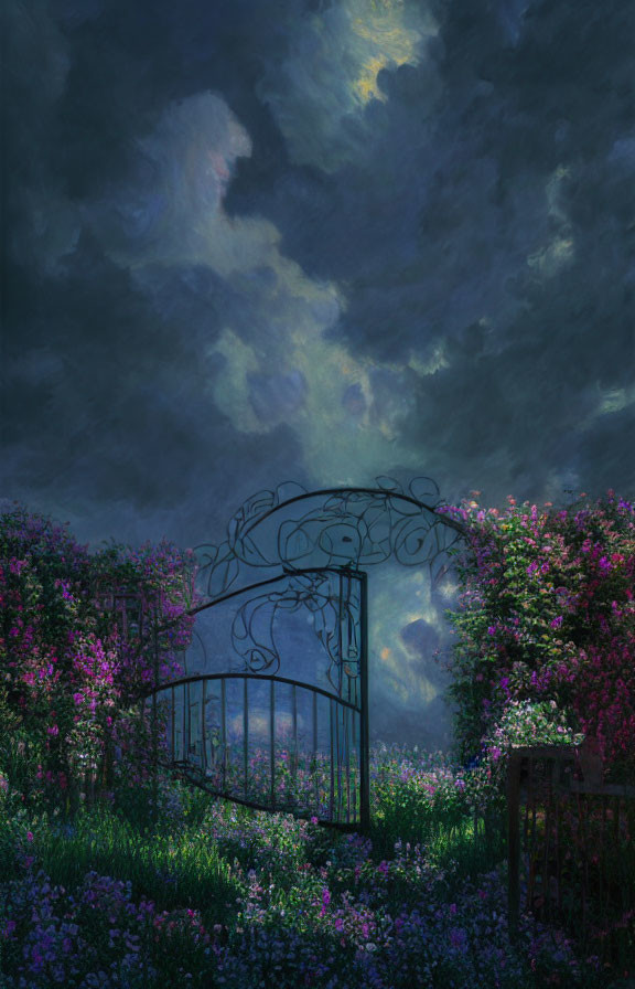 Ornate garden gate leading to serene night scene with blossoming flowers